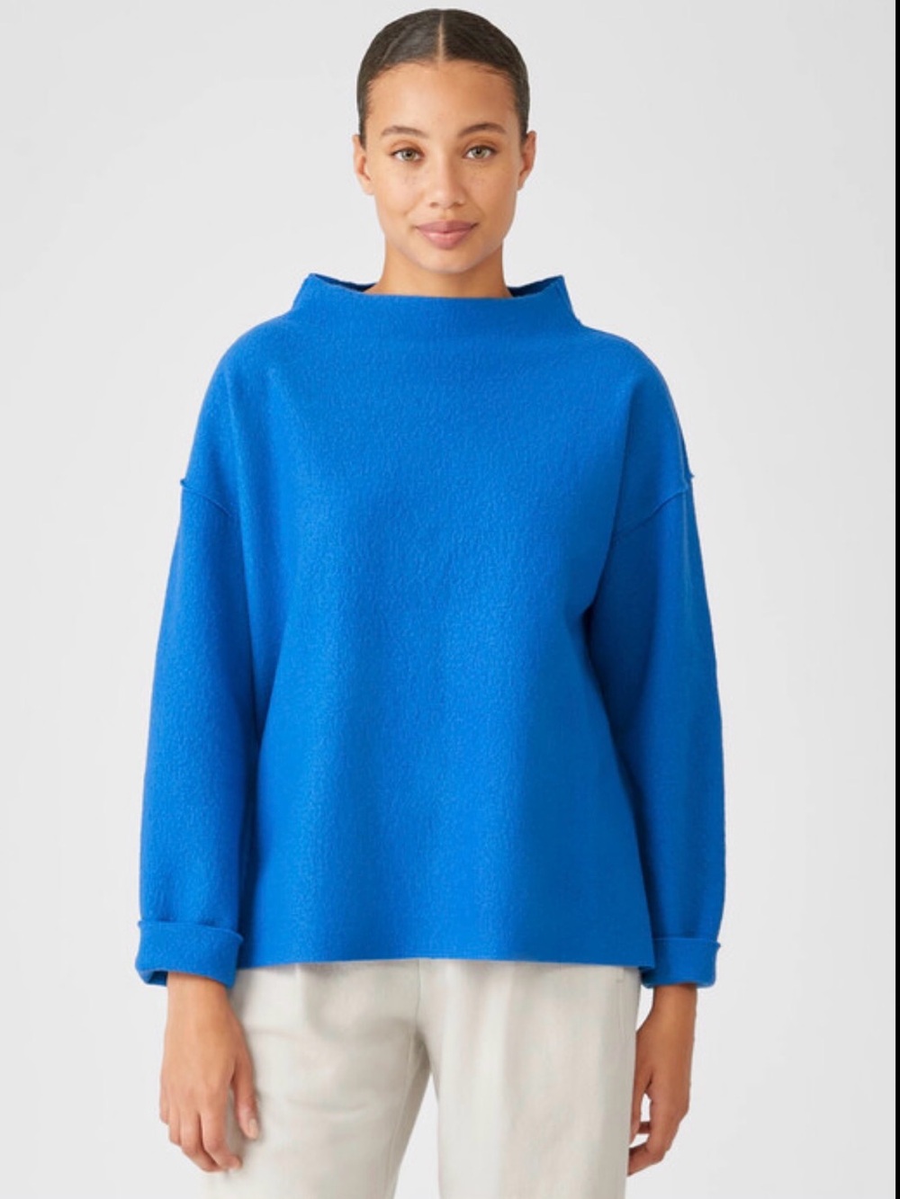 Eileen Fisher Boiled Wool Box Top XL Marine Blue Funnel Neck 100% Wool